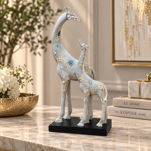 Grey Mother & Calf Giraffe Line Art Showpiece