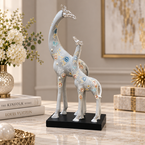 Grey Mother & Calf Giraffe Line Art Showpiece