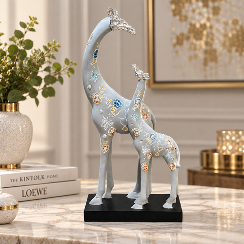 Grey Mother & Calf Giraffe Line Art Showpiece