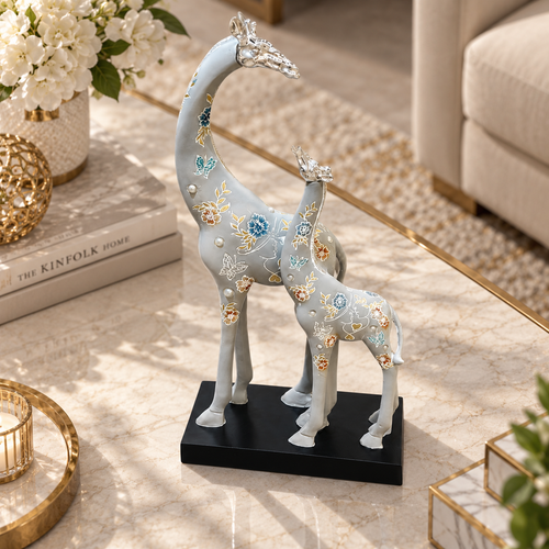 Grey Mother & Calf Giraffe Line Art Showpiece