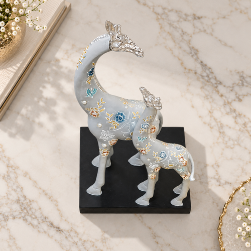 Grey Mother & Calf Giraffe Line Art Showpiece