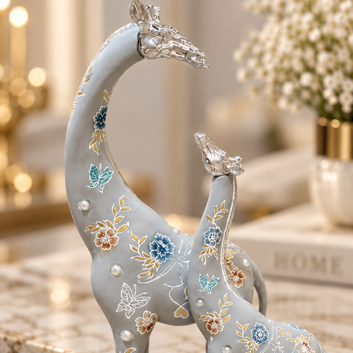 Grey Mother & Calf Giraffe Line Art Showpiece