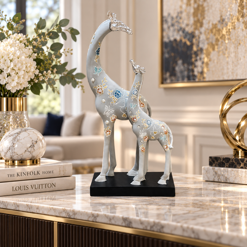 Grey Mother & Calf Giraffe Line Art Showpiece