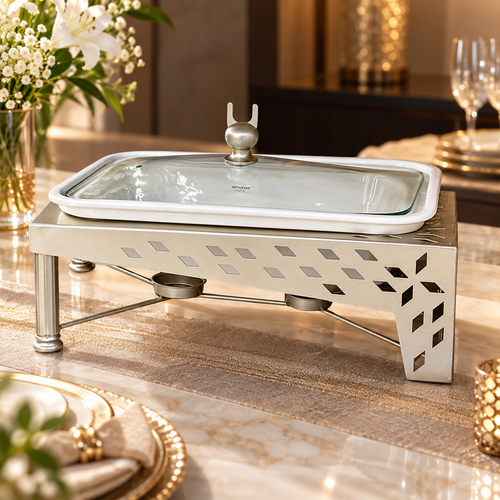 Modern Rectangular Ceramic Casserole With Metal Stand
