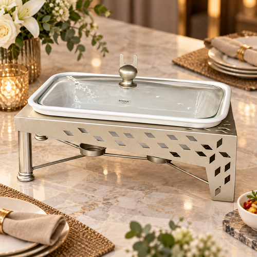 Modern Rectangular Ceramic Casserole With Metal Stand
