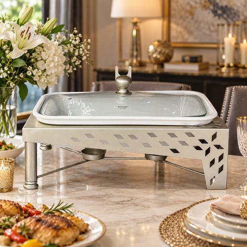Modern Rectangular Ceramic Casserole With Metal Stand