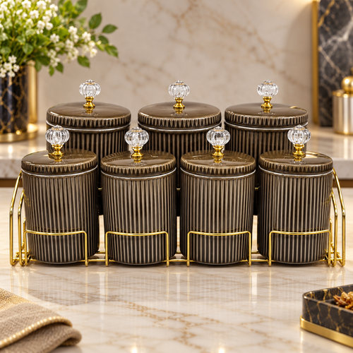 Elegant Brown Kitchen Canister with Gold Rack 8 piece
