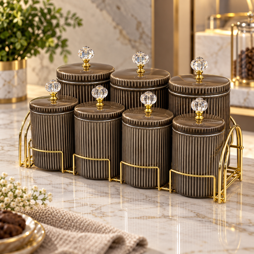 Elegant Brown Kitchen Canister with Gold Rack 8 piece