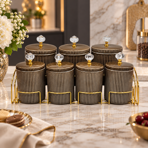 Elegant Brown Kitchen Canister with Gold Rack 8 piece