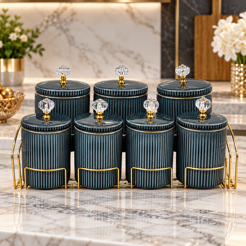 Elegant Green Ceramic Canister Set with Rack 8 Piece