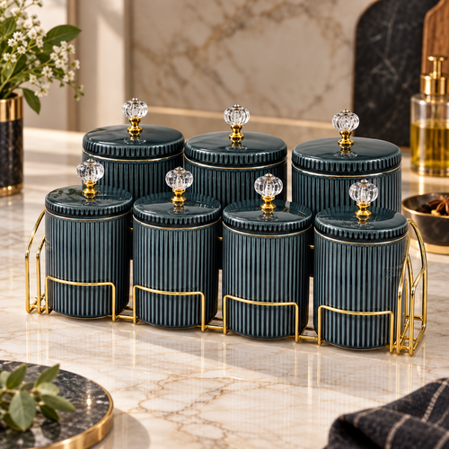 Elegant Green Ceramic Canister Set with Rack 8 Piece