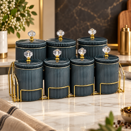 Elegant Green Ceramic Canister Set with Rack 8 Piece