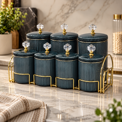 Elegant Green Ceramic Canister Set with Rack 8 Piece
