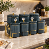 Elegant Green Ceramic Canister Set with Rack 8 Piece