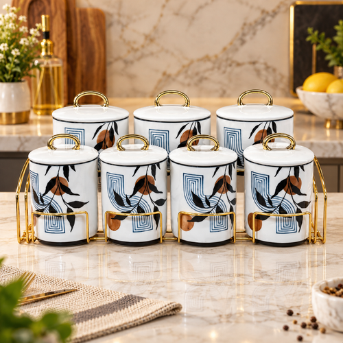 Elegant Botanical Kitchen Canister Set with Rack 8 Piece