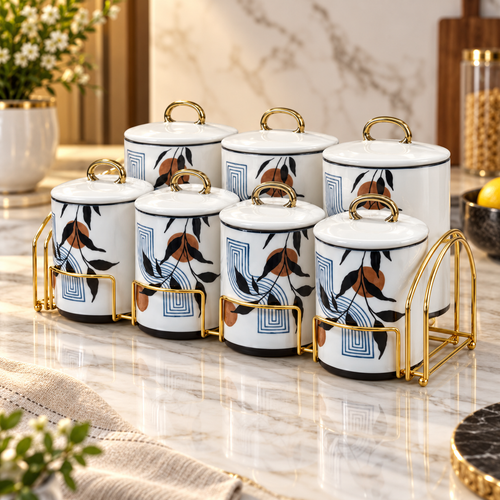 Elegant Botanical Kitchen Canister Set with Rack 8 Piece