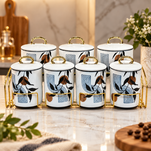 Elegant Botanical Kitchen Canister Set with Rack 8 Piece