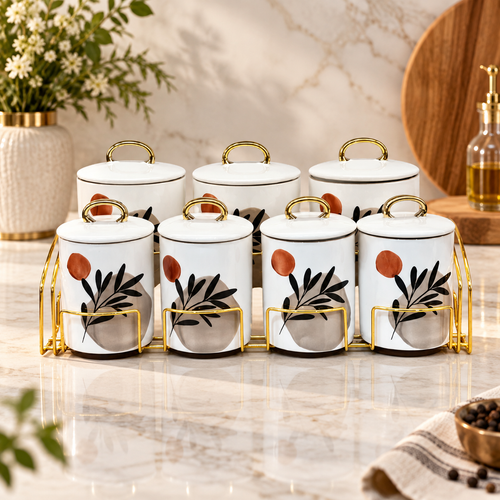 Elegant Kitchen Canister Set with Gold Rack 8 Piece