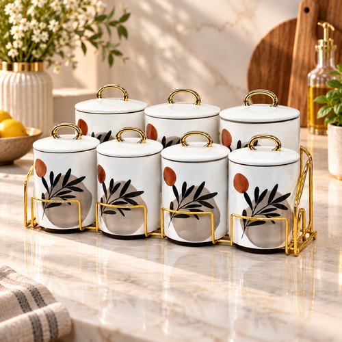 Elegant Kitchen Canister Set with Gold Rack 8 Piece