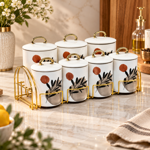 Elegant Kitchen Canister Set with Gold Rack 8 Piece