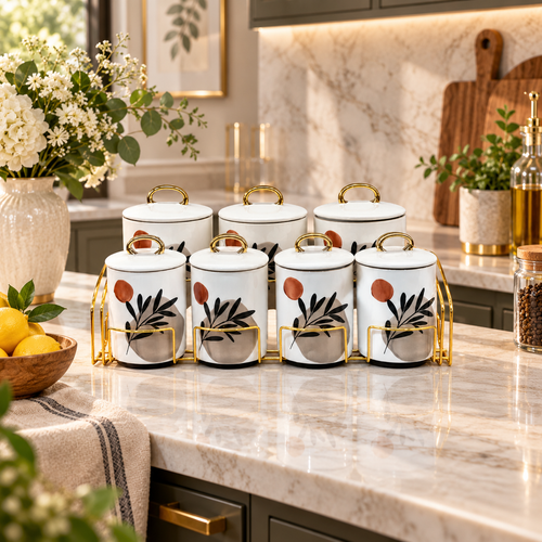 Elegant Kitchen Canister Set with Gold Rack 8 Piece