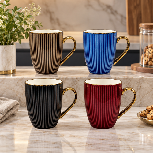Elegant Ribbed Mug Set with Gold Rim Set 4 Piece