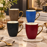 Elegant Ribbed Mug Set with Gold Rim Set 4 Piece