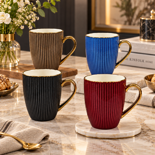 Elegant Ribbed Mug Set with Gold Rim Set 4 Piece