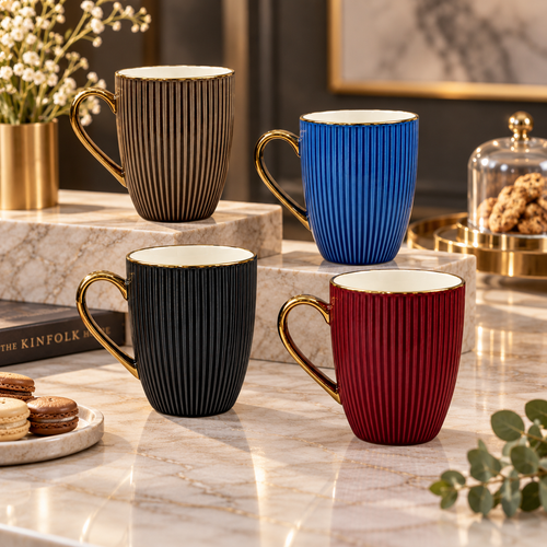 Elegant Ribbed Mug Set with Gold Rim Set 4 Piece