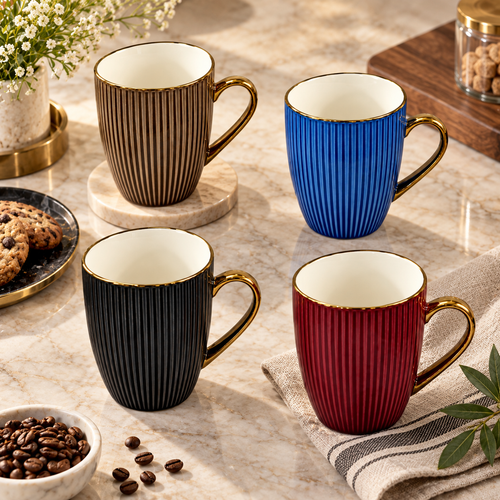 Elegant Ribbed Mug Set with Gold Rim Set 4 Piece