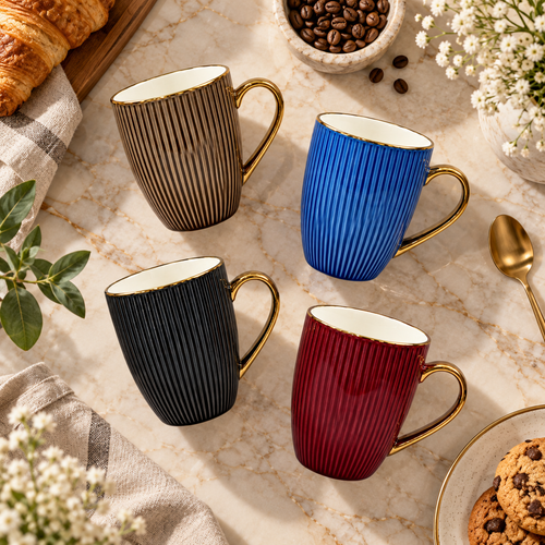 Elegant Ribbed Mug Set with Gold Rim Set 4 Piece