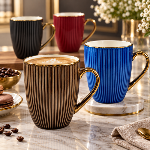 Elegant Ribbed Mug Set with Gold Rim Set 4 Piece