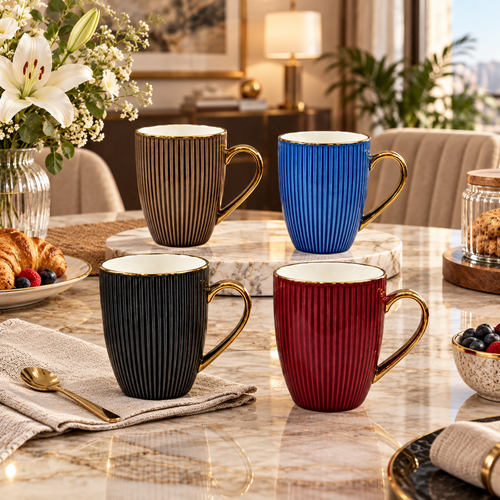 Elegant Ribbed Mug Set with Gold Rim Set 4 Piece