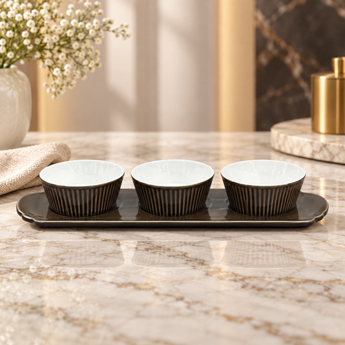 Elegant Brown Bowl Set with Serving Platter 4 Piece