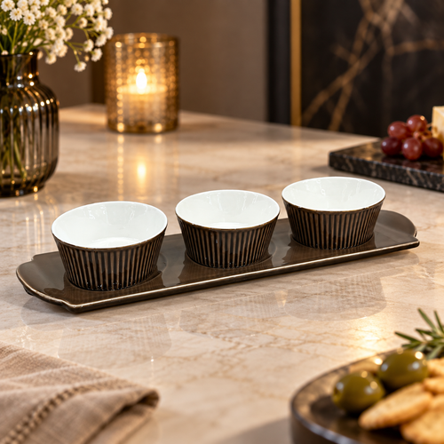 Elegant Brown Bowl Set with Serving Platter 4 Piece