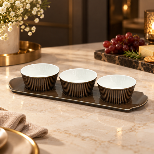 Elegant Brown Bowl Set with Serving Platter 4 Piece