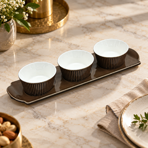 Elegant Brown Bowl Set with Serving Platter 4 Piece