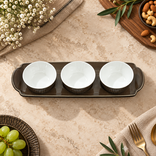 Elegant Brown Bowl Set with Serving Platter 4 Piece