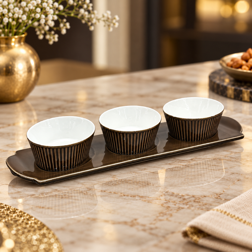 Elegant Brown Bowl Set with Serving Platter 4 Piece