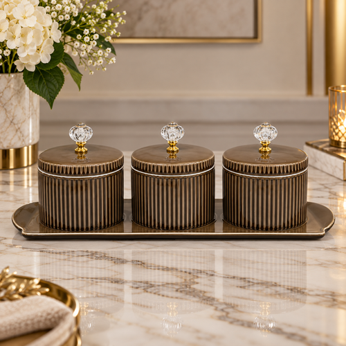 Elegant Ribbed Dry Fruit & Spice Jars with Crystal Knobs 4 Piece