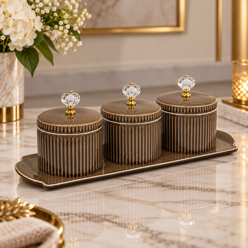 Elegant Ribbed Dry Fruit & Spice Jars with Crystal Knobs 4 Piece