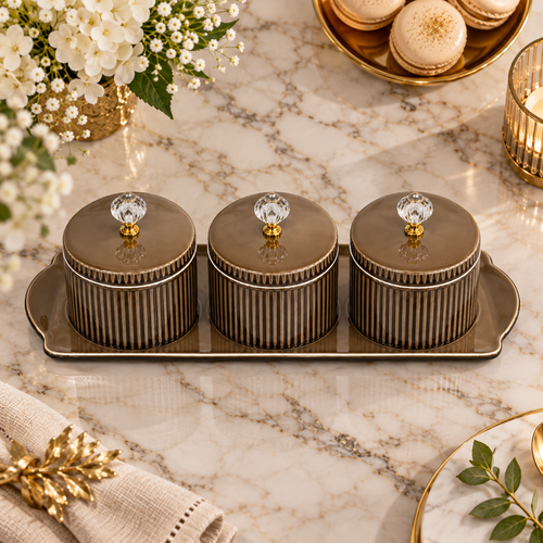 Elegant Ribbed Dry Fruit & Spice Jars with Crystal Knobs 4 Piece