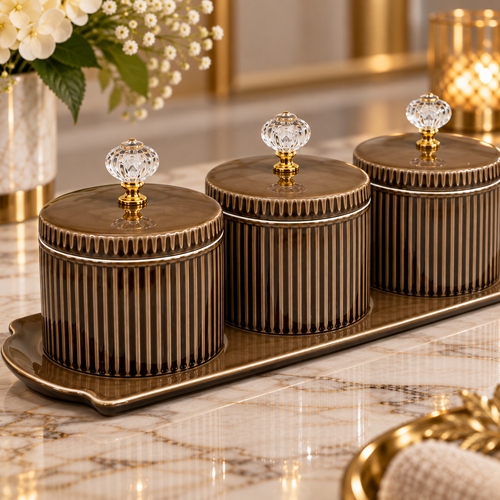 Elegant Ribbed Dry Fruit & Spice Jars with Crystal Knobs 4 Piece