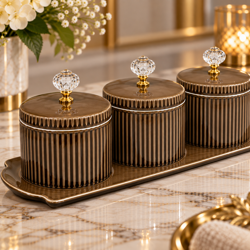 Elegant Ribbed Dry Fruit & Spice Jars with Crystal Knobs 4 Piece