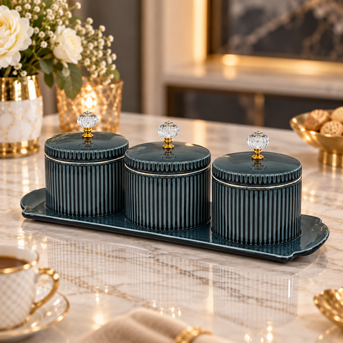 Elegant Green Ribbed Dry Fruit & Spice Jars with Crystal Knobs 4 Piece