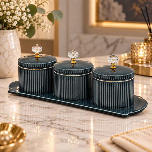 Elegant Green Ribbed Dry Fruit & Spice Jars with Crystal Knobs 4 Piece