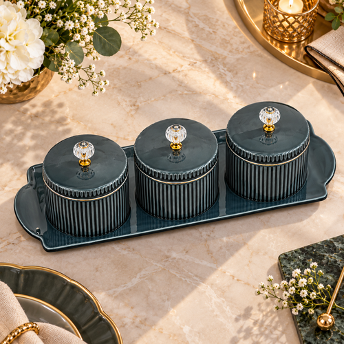 Elegant Green Ribbed Dry Fruit & Spice Jars with Crystal Knobs 4 Piece