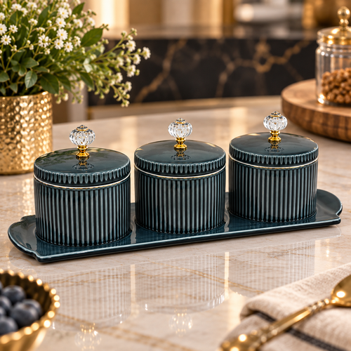 Elegant Green Ribbed Dry Fruit & Spice Jars with Crystal Knobs 4 Piece