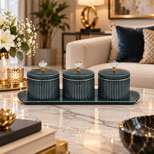 Elegant Green Ribbed Dry Fruit & Spice Jars with Crystal Knobs 4 Piece