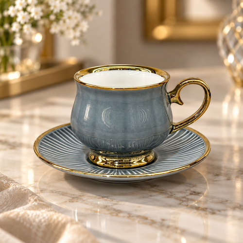 Modern Blue & Gold Ceramic Cup and Saucer Set 12 Piece